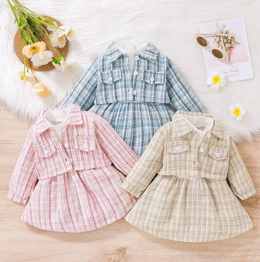 Baby Girl Trendy Checked Jacket With Matching Skirt Set Blue Sets for kids