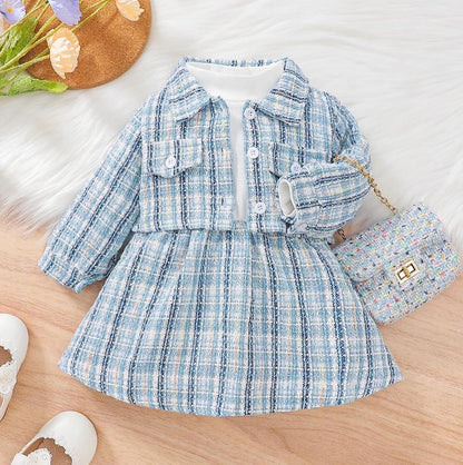 Baby Girl Trendy Checked Jacket With Matching Skirt Set Blue Sets for kids