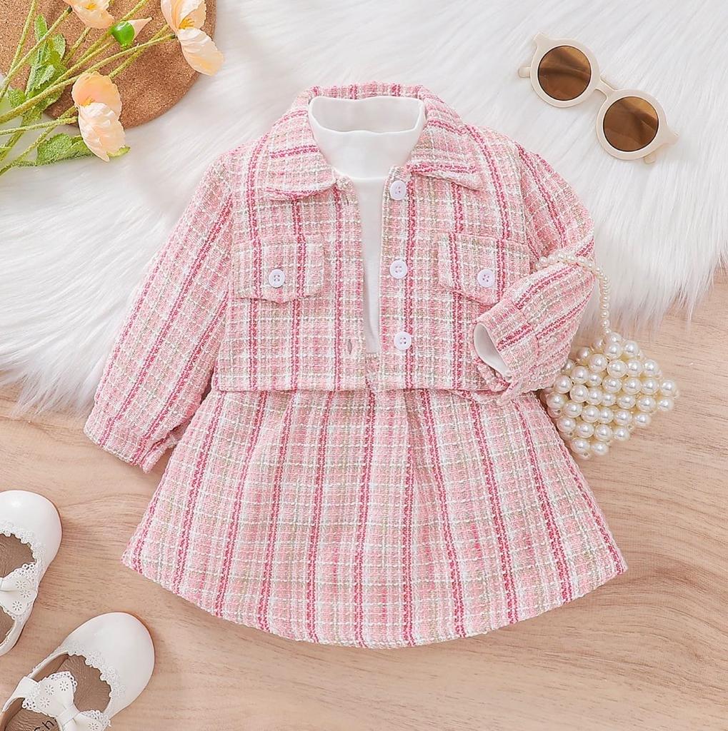 Baby Girl Trendy Checked Jacket With Matching Skirt Set