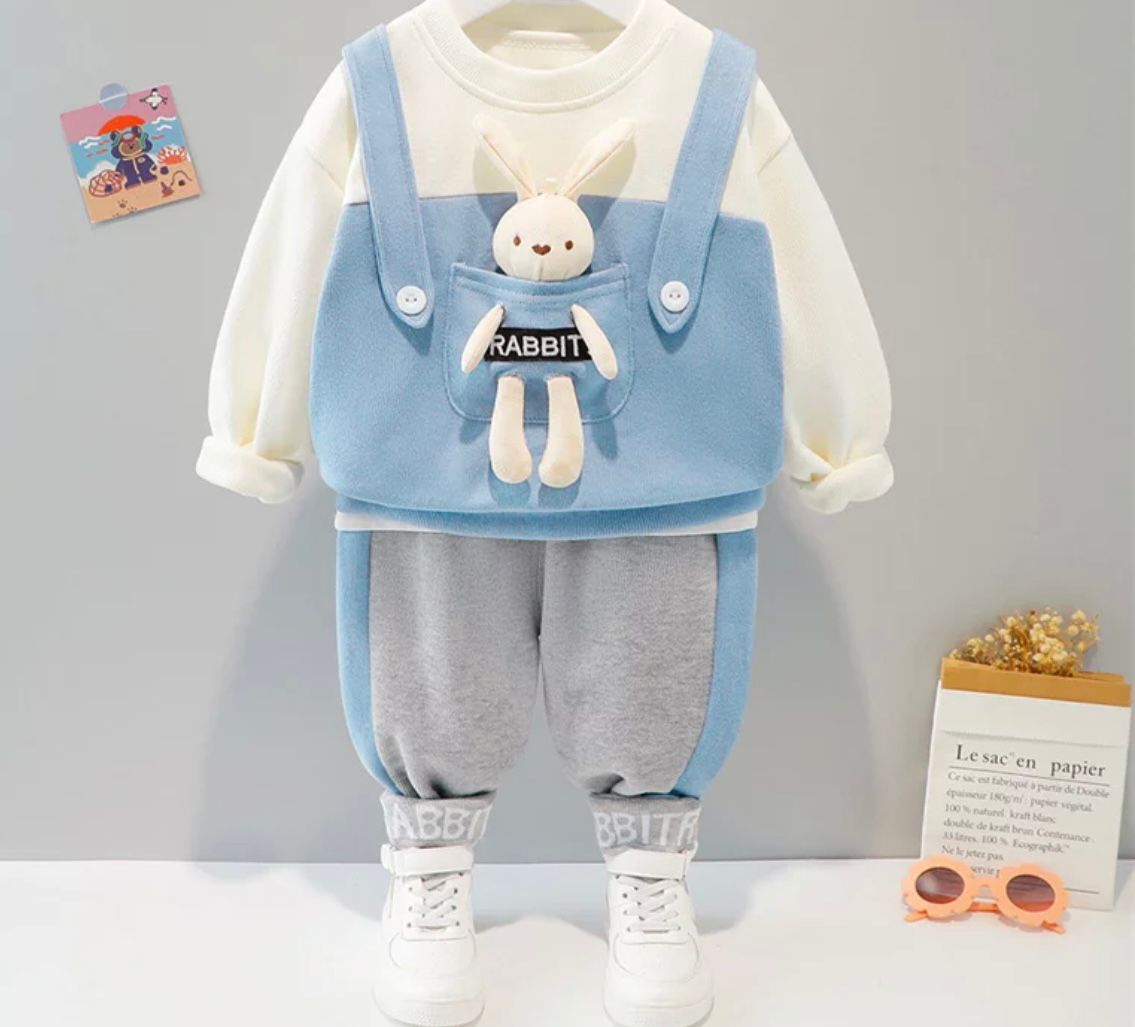 Baby Unisex “Rabbit “ Captioned Tracksuit With Matching Soft Toy Blue Baby Clothing for kids
