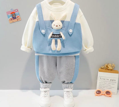 Baby Unisex “Rabbit “ Captioned Tracksuit With Matching Soft Toy Blue Baby Clothing for kids