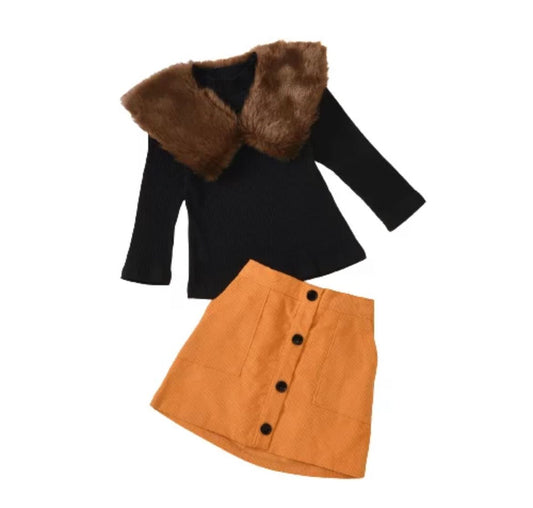 Baby Girl Trendy Top & Skirt Set With Detachable Fur Black Sets for kids