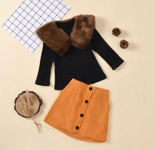 Baby Girl Trendy Top & Skirt Set With Detachable Fur