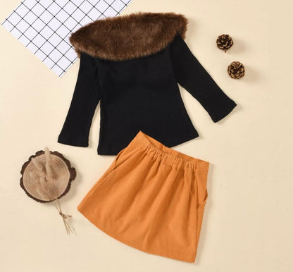 Baby Girl Trendy Top & Skirt Set With Detachable Fur Black Sets for kids