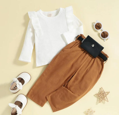 Baby Girl Trendy Ruffled Sleeves Top & Pants With Matching Waist Belt Brown Tops for kids