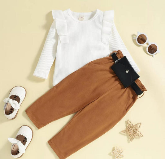 Baby Girl Trendy Ruffled Sleeves Top & Pants With Matching Waist Belt Brown Tops for kids