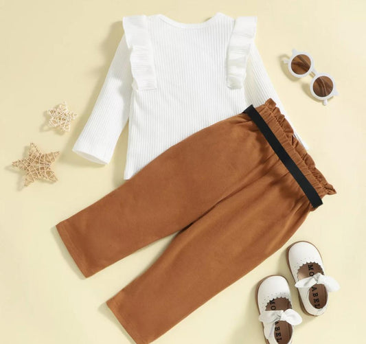 Baby Girl Trendy Ruffled Sleeves Top & Pants With Matching Waist Belt Brown Tops for kids