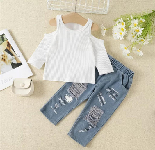 Baby Girl Top With Jeans Set White Sets for kids