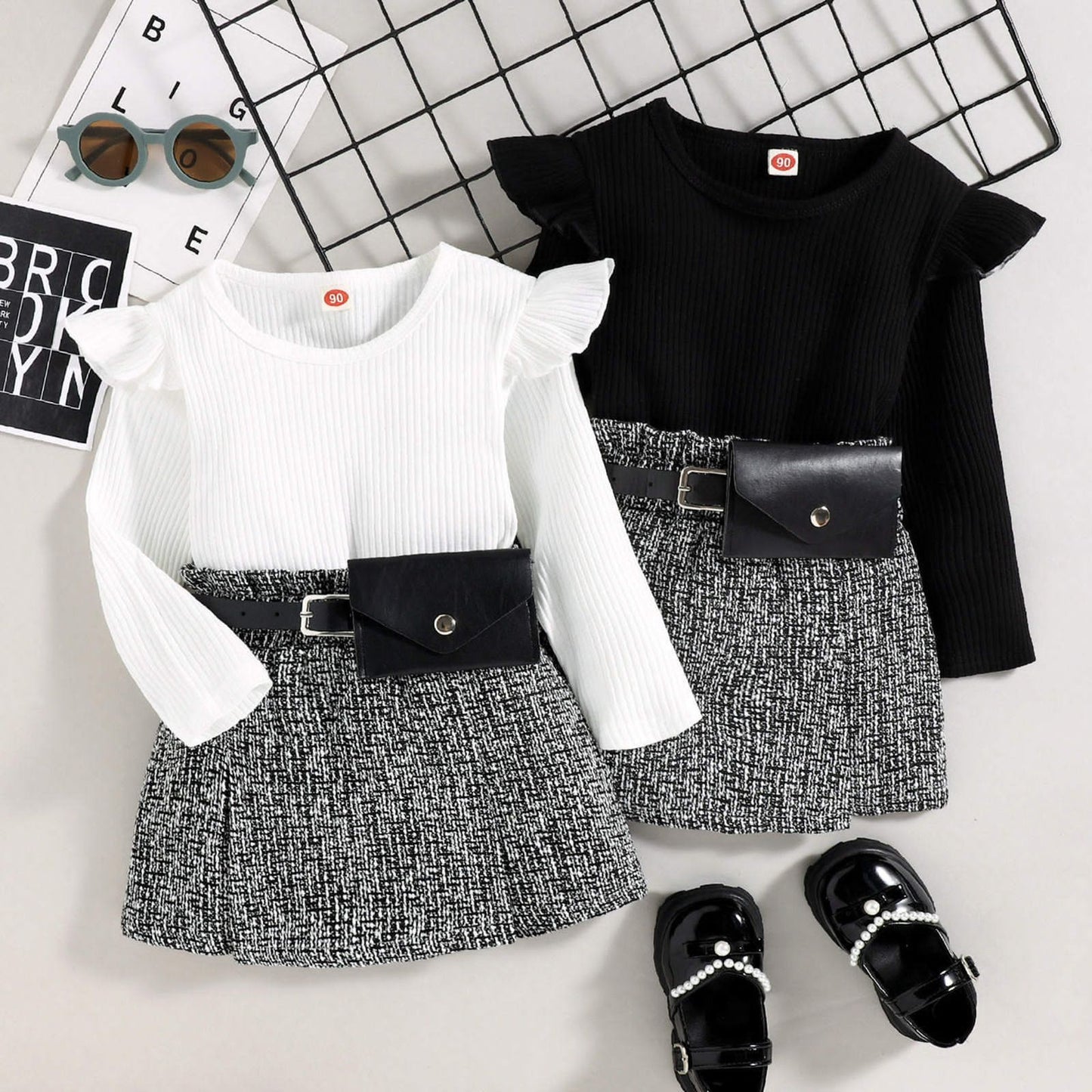 Girls' Ruffle Top and Skirt Set with Waist Belt – White
