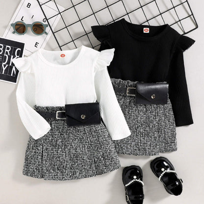 Girls' Ruffle Top and Skirt Set with Waist Belt – White