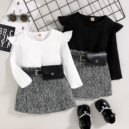 Girls' Ruffle Top and Skirt Set with Waist Belt – White