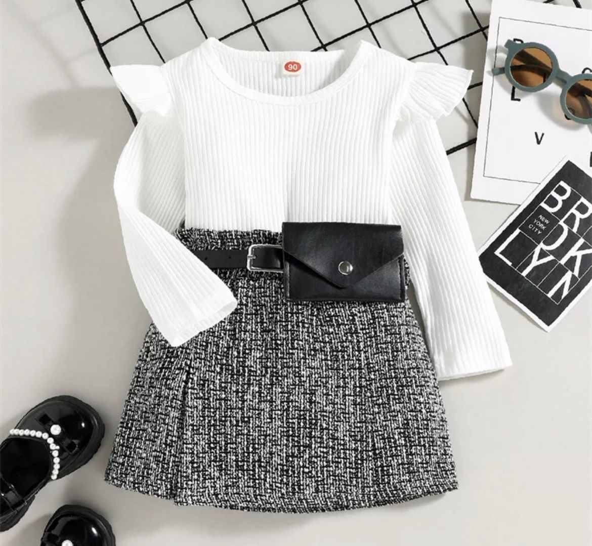 Baby Girl Top With Ruffles & Skirt Set With Matching Waist Belt