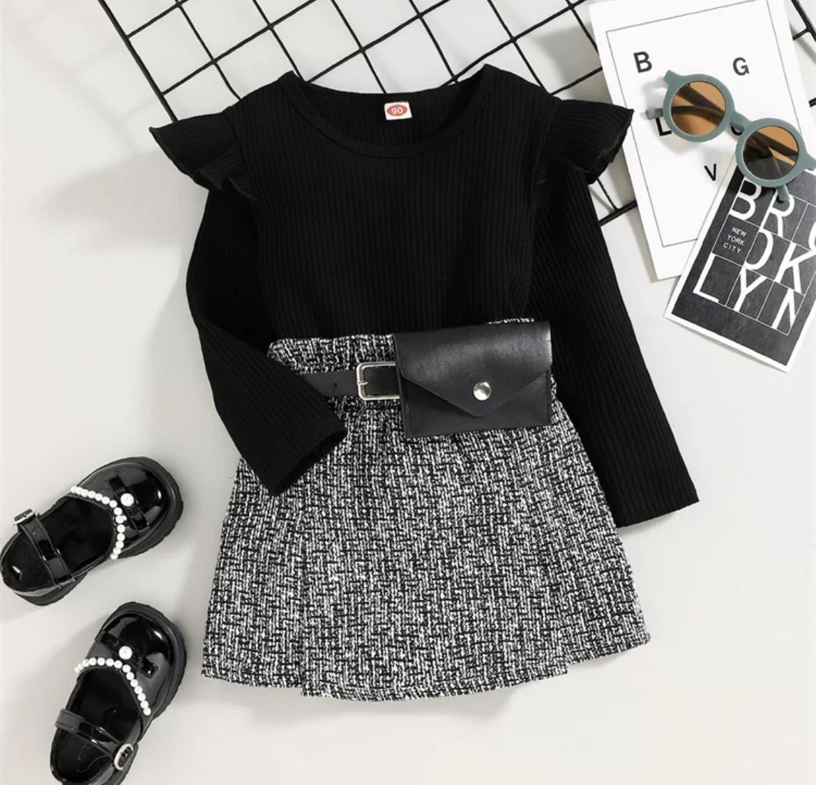 Baby Girl Top With Ruffles & Skirt Set With Matching Waist Belt