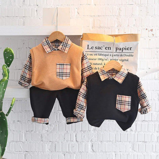 Baby Boy Burberry Print Shirt Pants & Sweater Set Orange Sets for kids