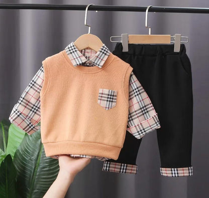 Boys' Check-Print Shirt, Pants and Sweater Set – Orange