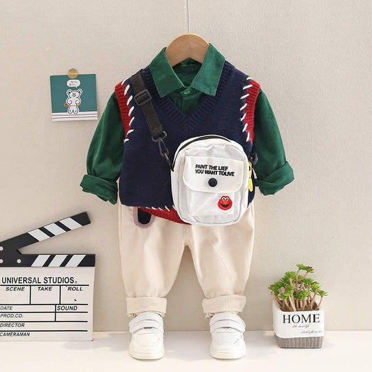 Baby Boy Formal Print Shirt Pants & Sweater Set With Side Bag