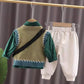 Baby Boy Formal Print Shirt Pants & Sweater Set With Side Bag