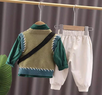 Baby Boy Formal Print Shirt Pants & Sweater Set With Side Bag Green Sets for kids