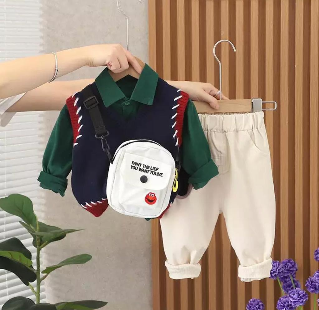 Baby Boy Formal Print Shirt Pants & Sweater Set With Side Bag