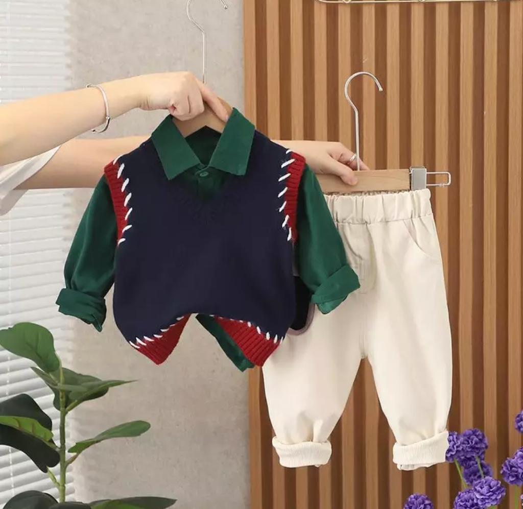 Baby Boy Formal Print Shirt Pants & Sweater Set With Side Bag