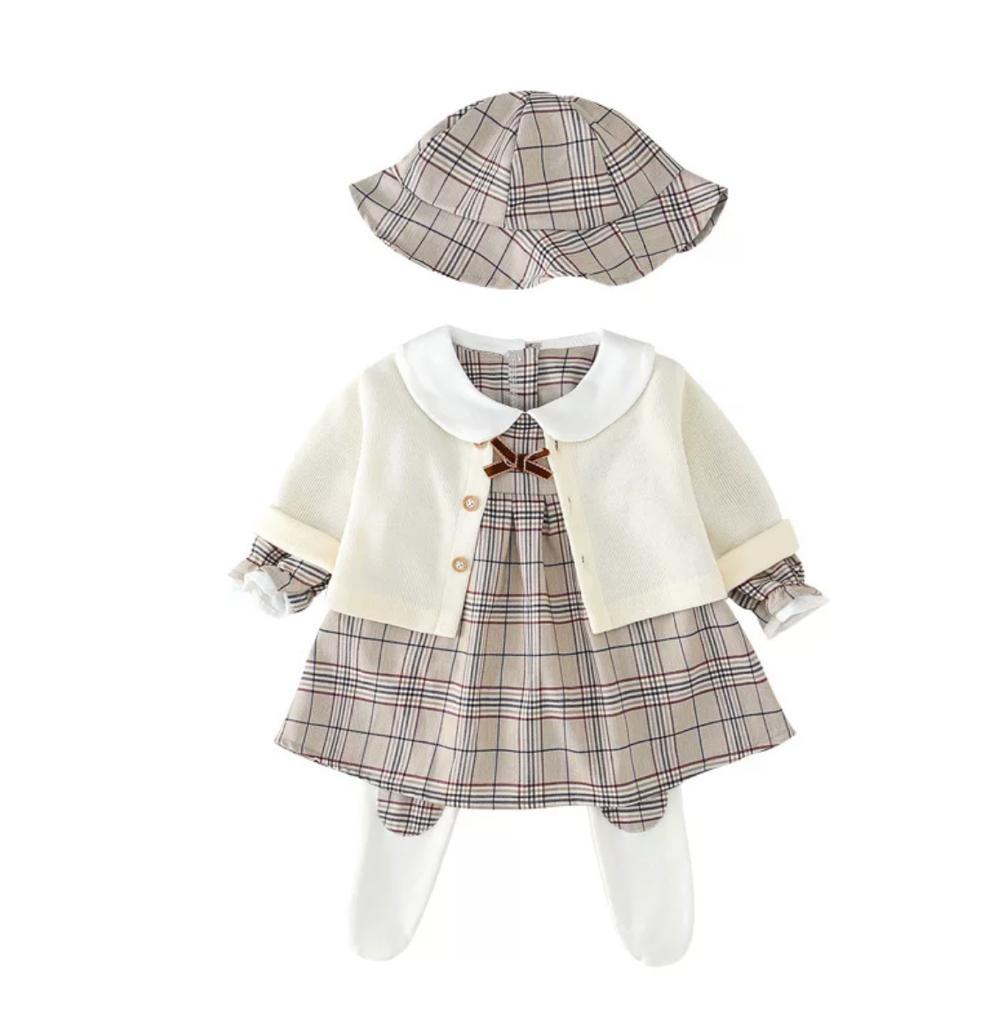 Baby Girl Burberry Romper & Sweater Set With Matching Hat