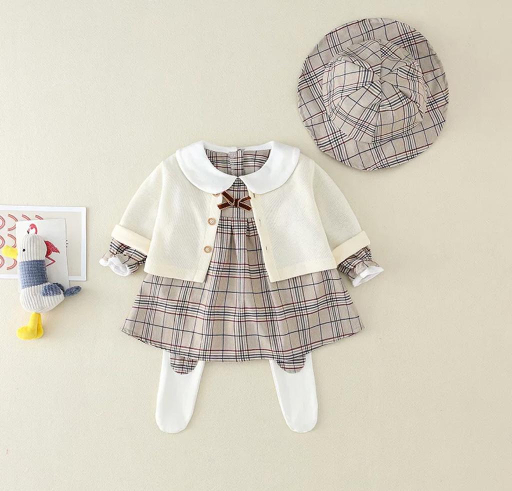 Baby Girl Burberry Romper & Sweater Set With Matching Hat