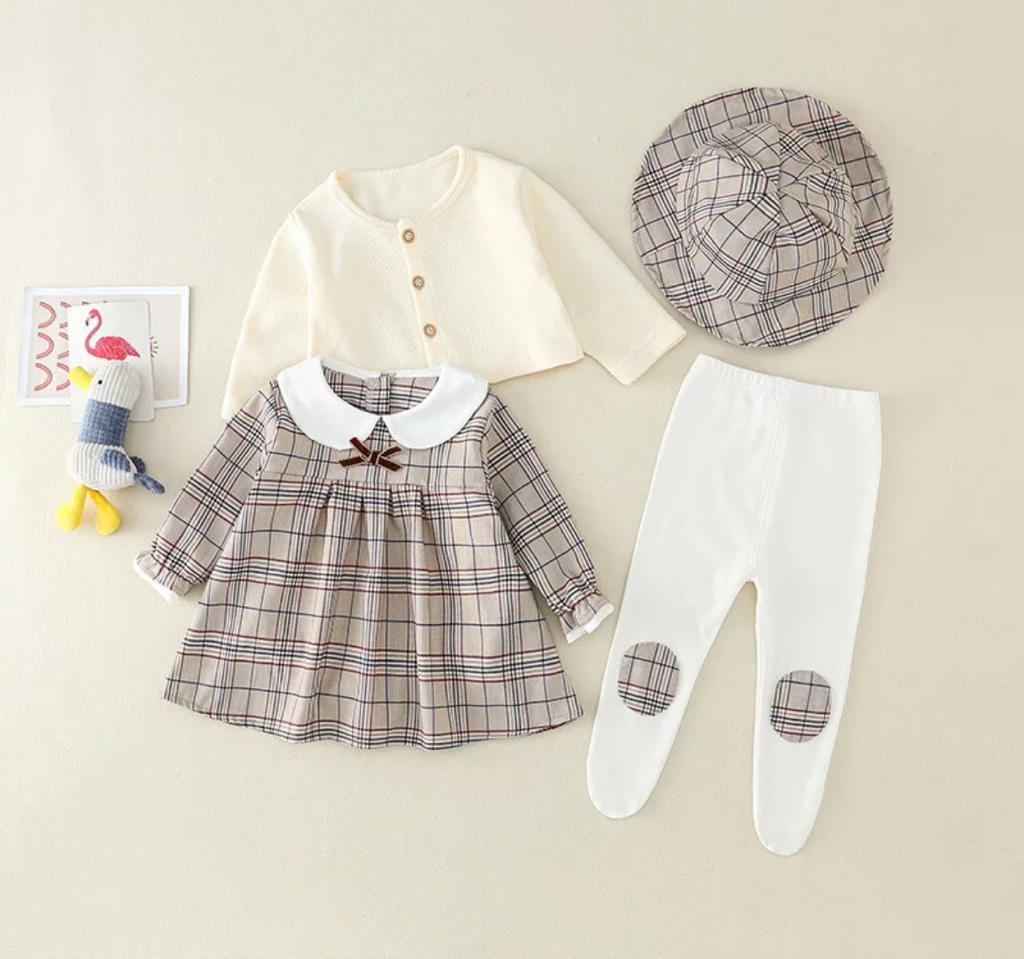 Baby Girl Burberry Romper & Sweater Set With Matching Hat