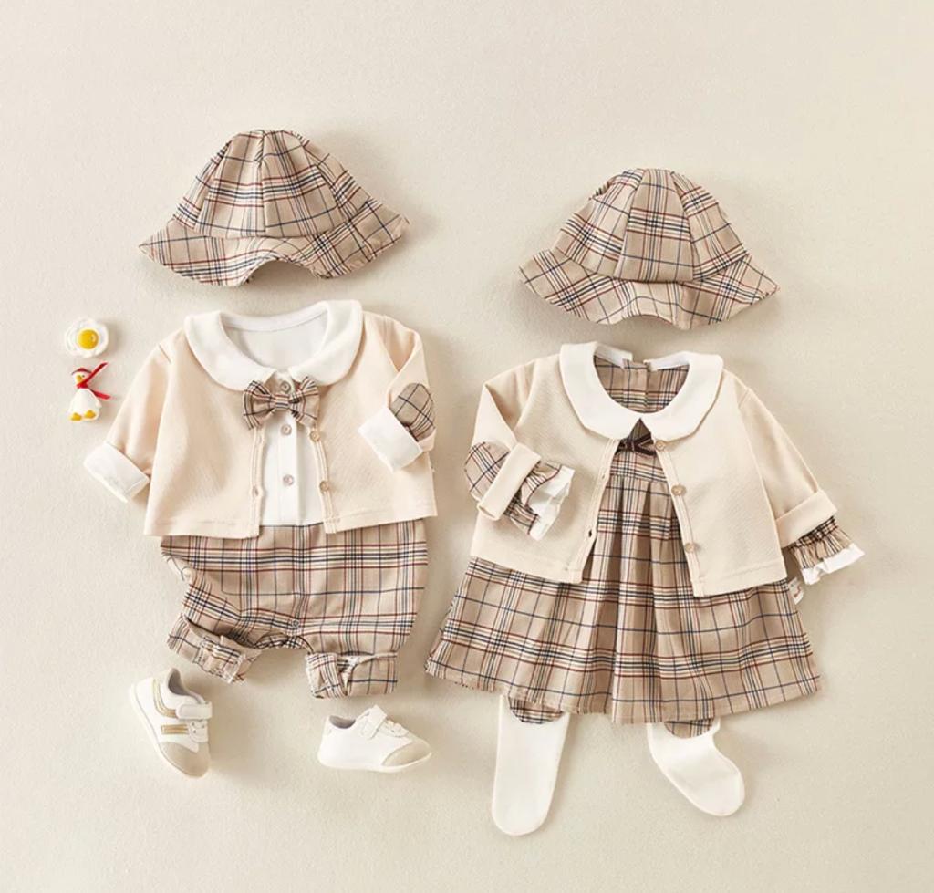 Baby Girl Burberry Romper & Sweater Set With Matching Hat