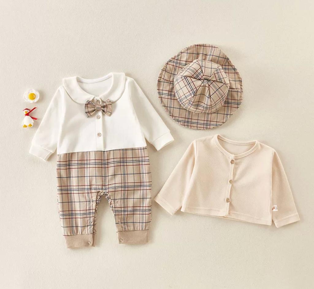 Baby Girl Burberry Romper & Sweater Set With Matching Hat