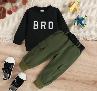 Baby Boy “Bro” Captioned T-Shirt With Pants Set Green Sets for kids