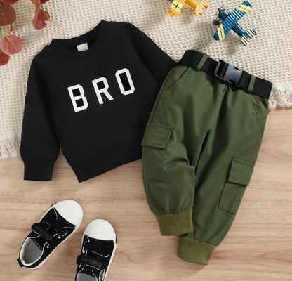 Baby Boy “Bro” Captioned T-Shirt With Pants Set Green Sets for kids