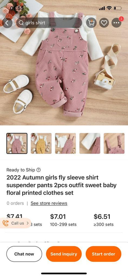 Baby Girl Flower Print Jumpsuit With Ruffled Sleeves Top Set