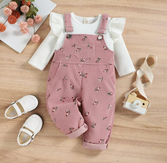 Baby Girl Flower Print Jumpsuit With Ruffled Sleeves Top Set