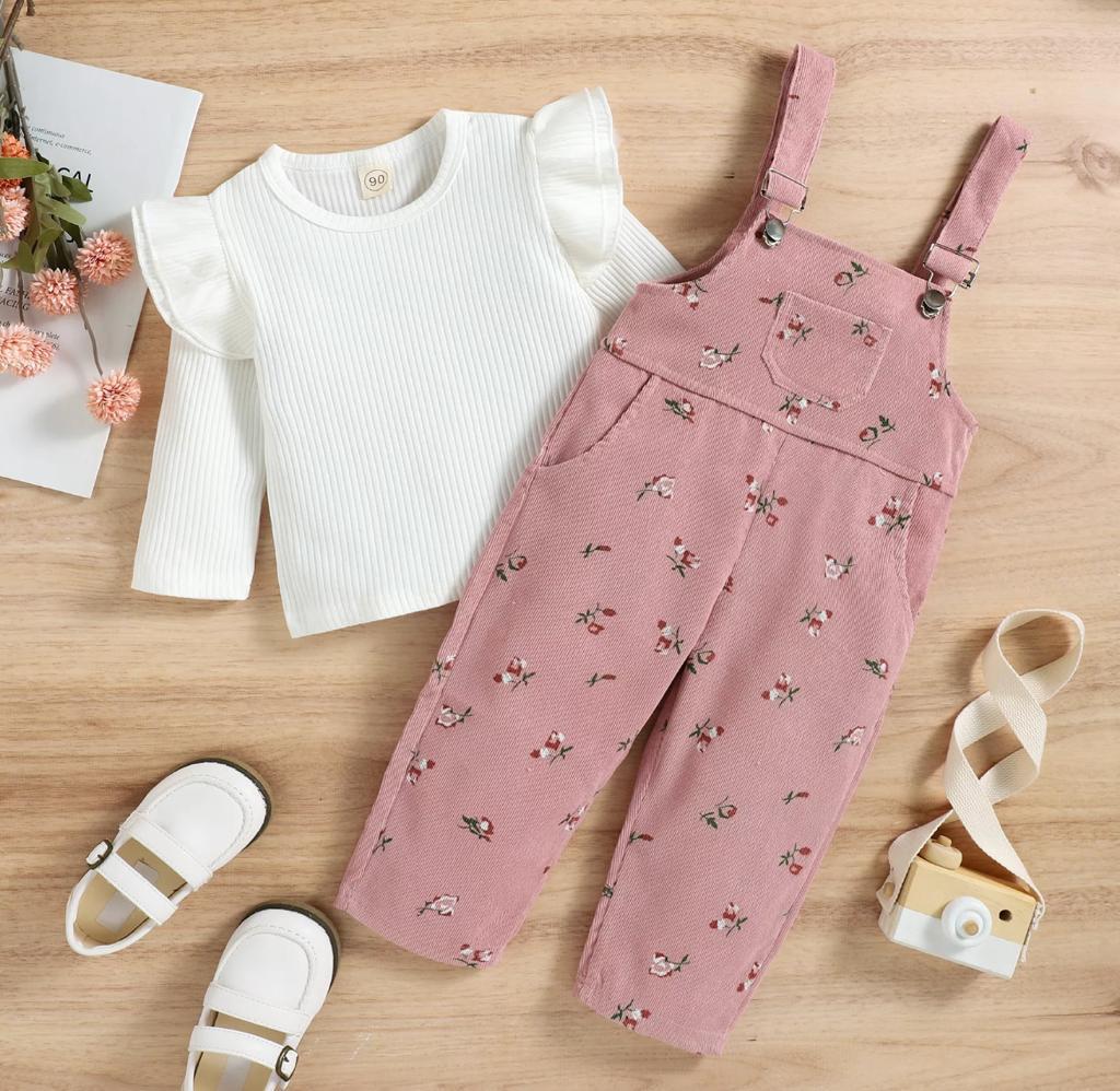 Baby Girl Flower Print Jumpsuit With Ruffled Sleeves Top Set