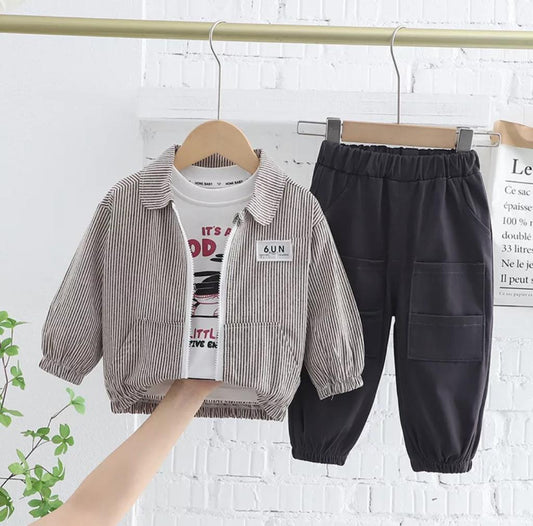 Baby Boy Casual Stripped Zipper And T-Shirt Set With Matching Pants