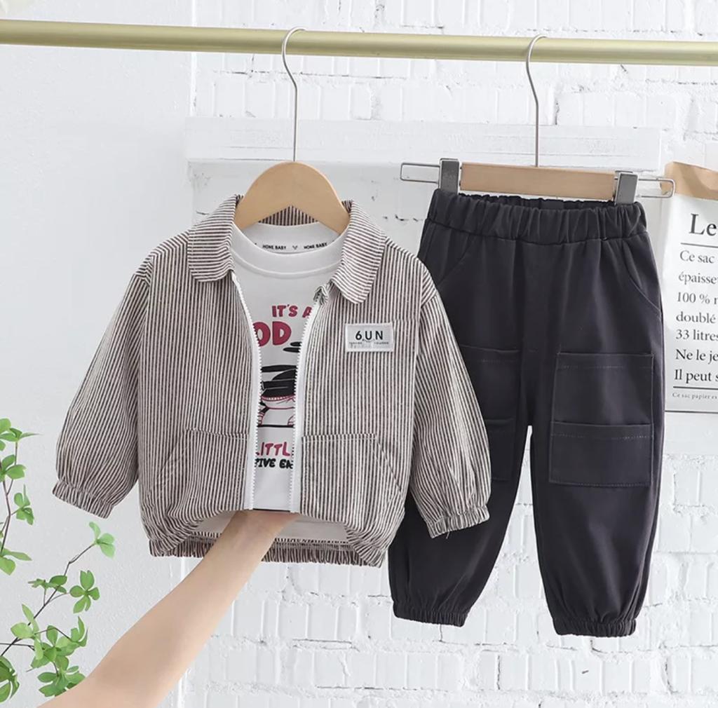Baby Boy Casual Stripped Zipper And T-Shirt Set With Matching Pants