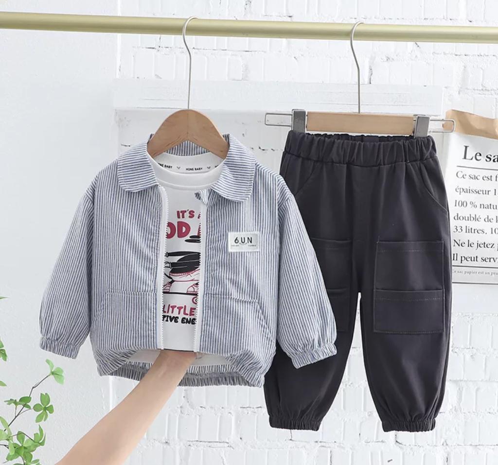 Baby Boy Casual Stripped Zipper And T-Shirt Set With Matching Pants