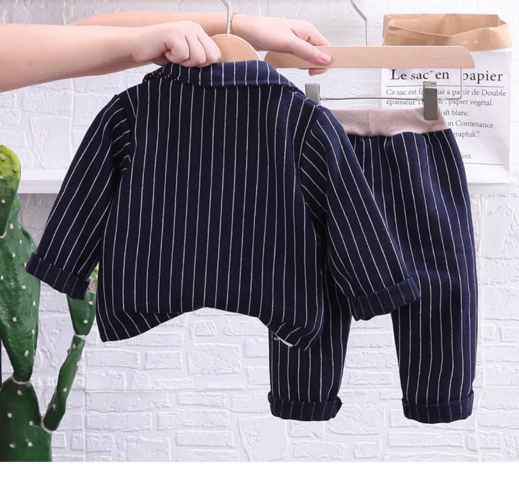 Baby Boy Formal Striped Suit With T-Shirt & Teddy Bear