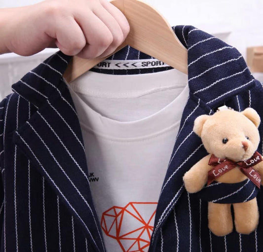 Baby Boy Formal Striped Suit With T-Shirt & Teddy Bear