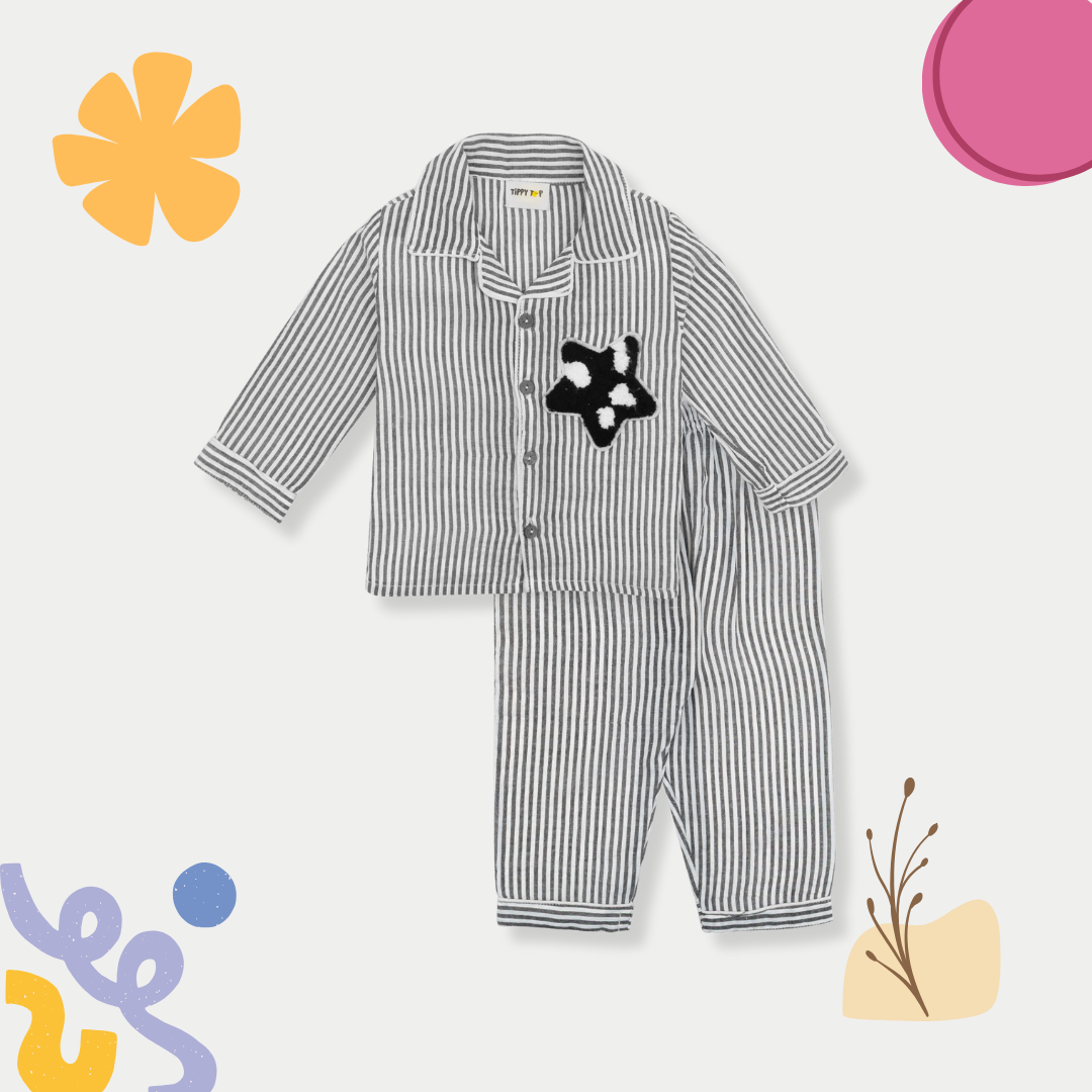 Cotton Grey Striped Nightsuit with Star Motif