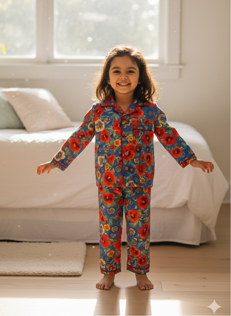 happy girl in a floral bright night suit