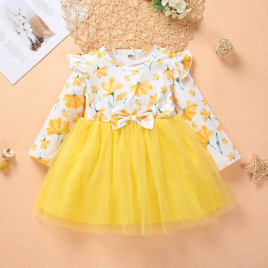Baby Girl Full-Sleeve Floral Formal Dress – Yellow