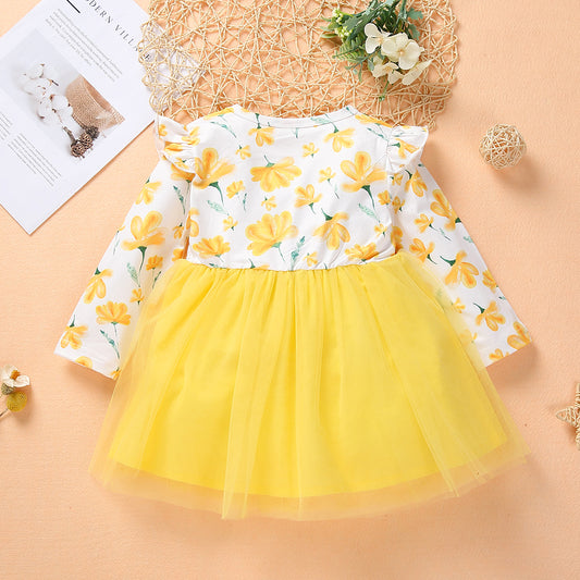 Baby Girl Full-Sleeve Floral Formal Dress – Yellow