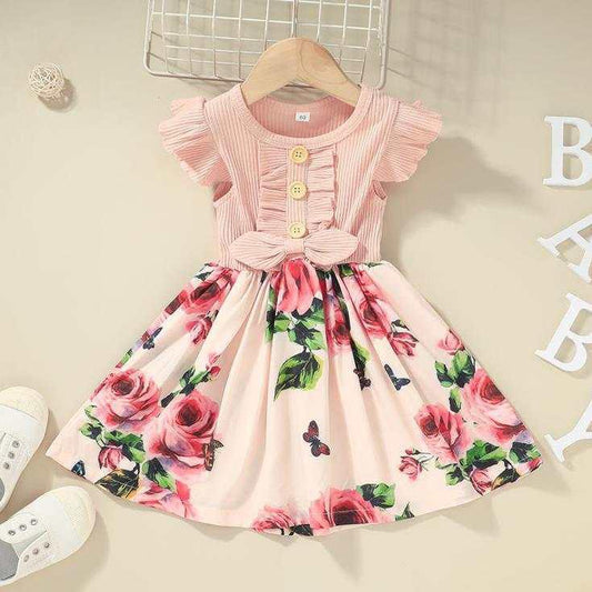 Baby Girl Formal Bow Dress with Ruffled Sleeves – Pink