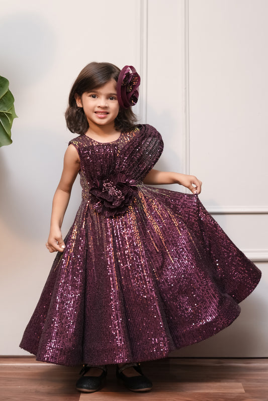 Sequin Flared Gown With Handmade Flower For Enhanced Look