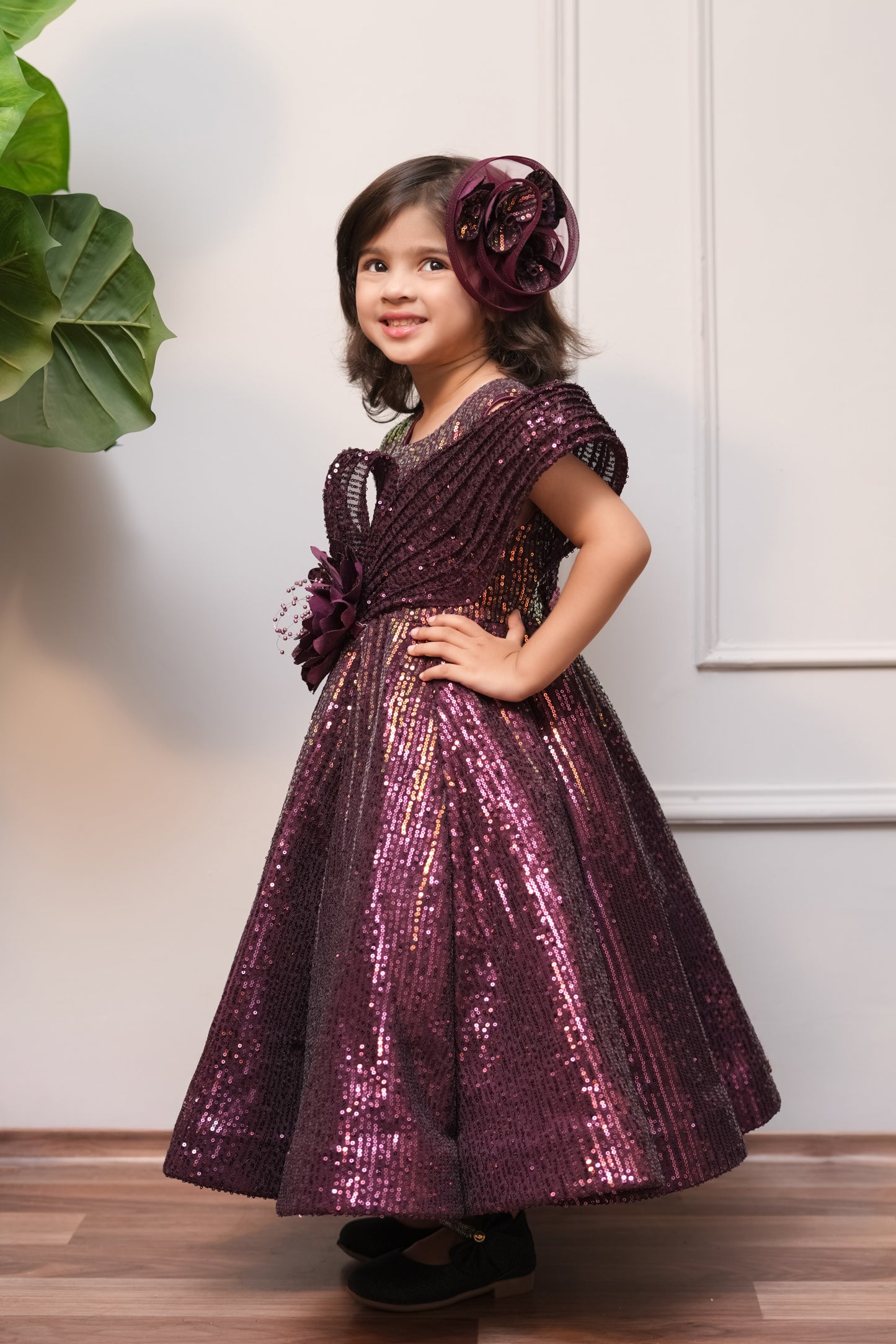 Sequin Flared Gown With Handmade Flower For Enhanced Look