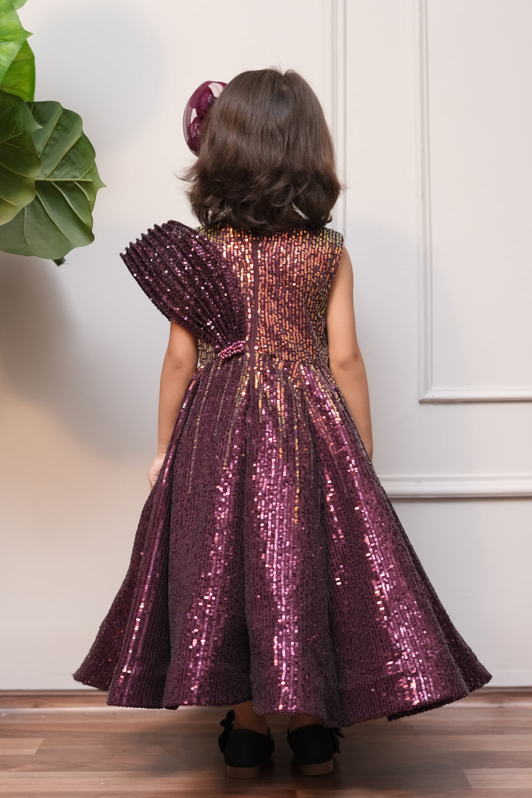 Sequin Flared Gown With Handmade Flower For Enhanced Look