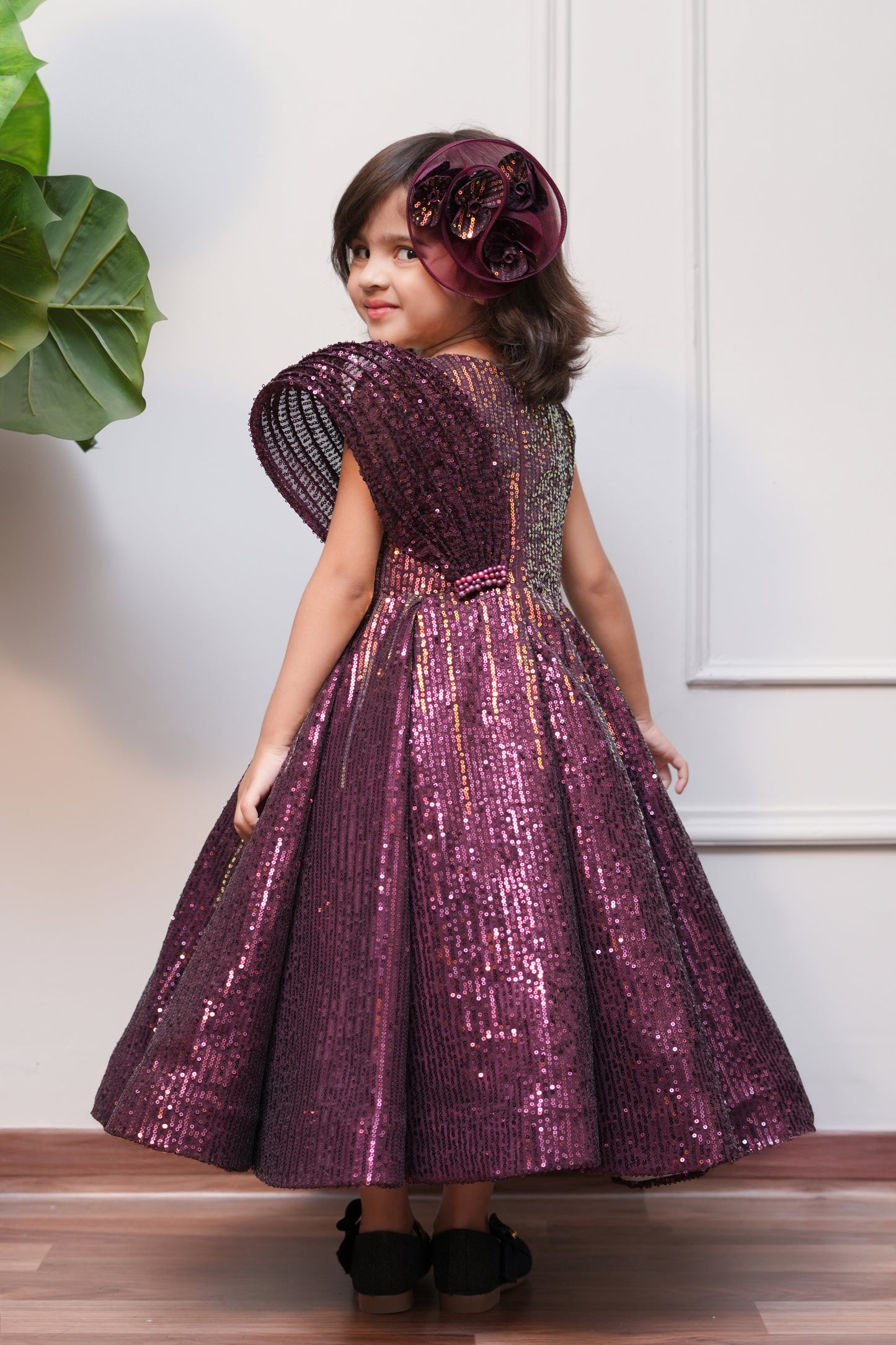Sequin Flared Gown With Handmade Flower For Enhanced Look