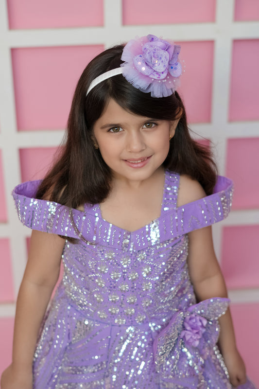 Mauve Sequin Gown With Cold Shoulder And Handmade Flower