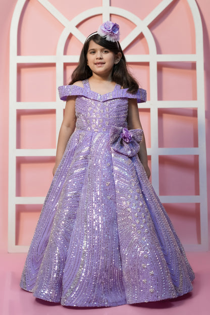 Mauve Sequin Gown With Cold Shoulder And Handmade Flower